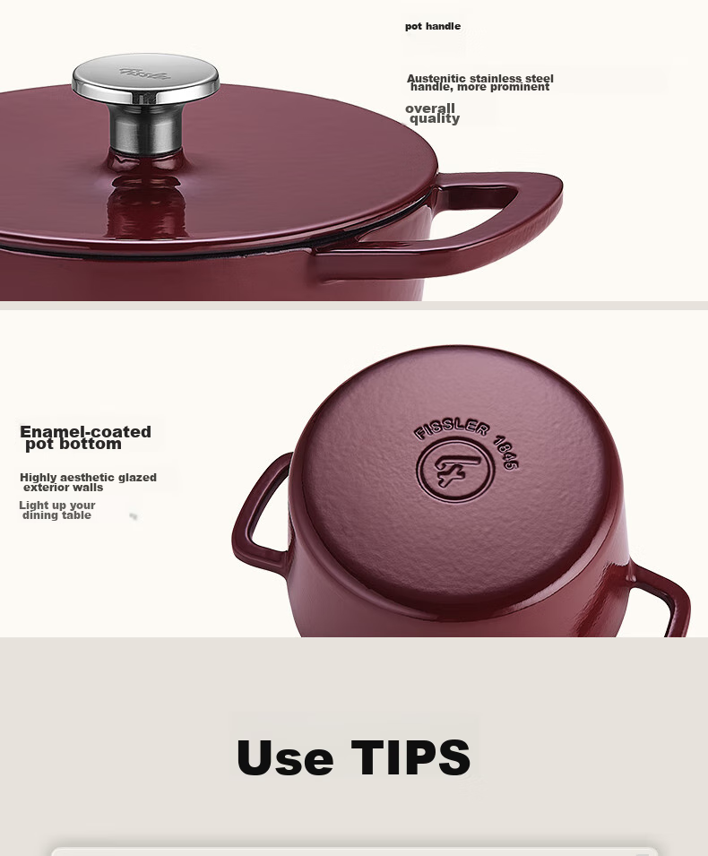 Feishile German Moments Cast Iron Pot, Stew Pot, Small Soup Pot for Home Use, 20 Cm Cast Iron Pot - Burgundy Red 23