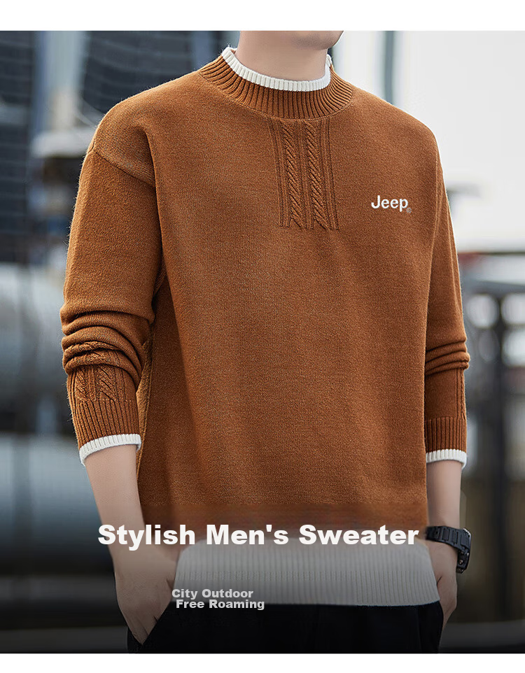 JEEP Men's Autumn Winter Warm Crew Neck Knit Sweater Khaki XL 2