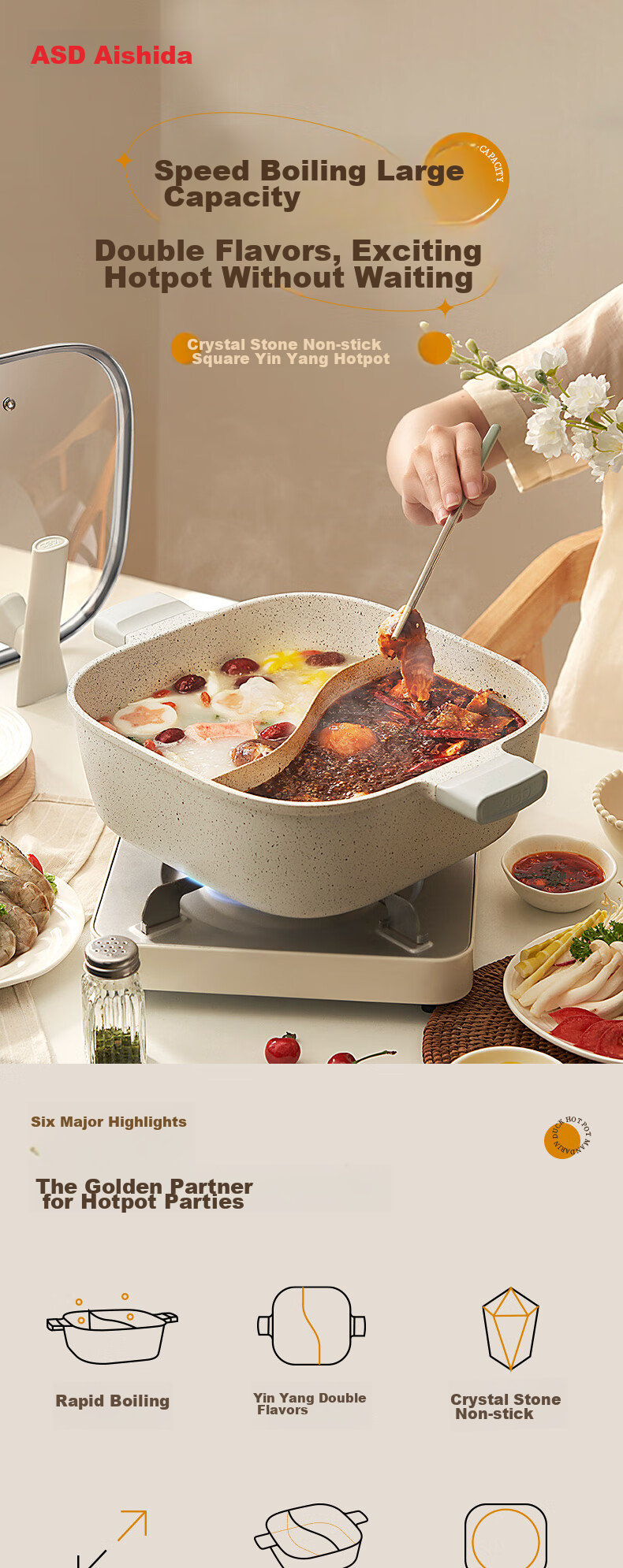 ASD Non-Stick Square Hot Pot, Thickened Hot Pot Basin, Large Capacity, for Home Use, Suitable for Gas And Induction Stoves, FL28F1WG 1