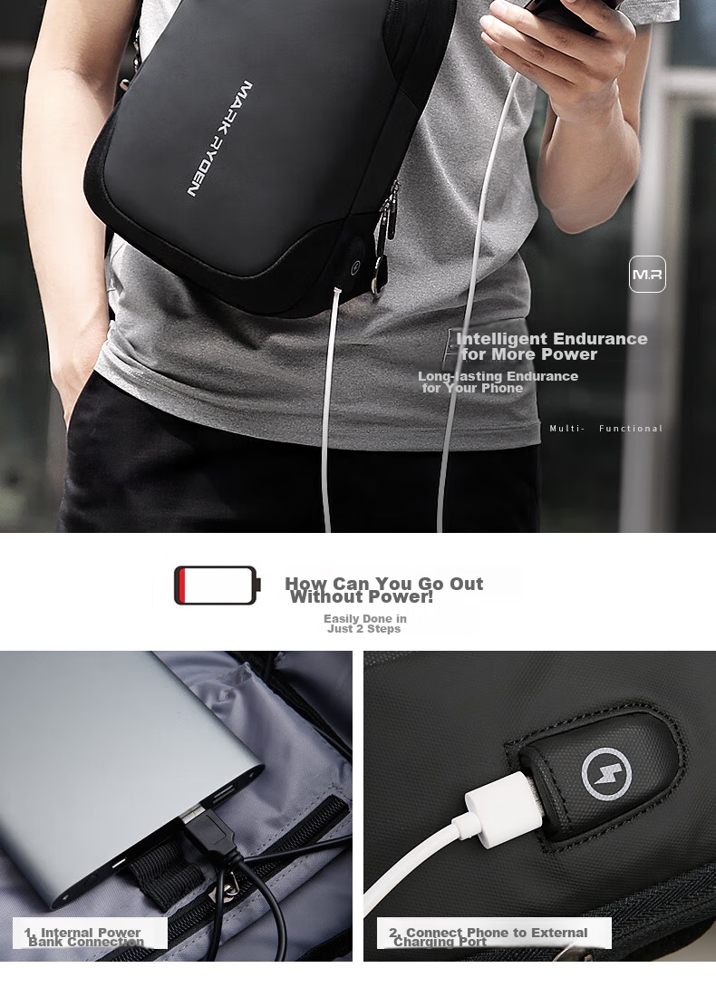 MARK RYDEN Chest Bag, Men's Crossbody Bag, Sports Trendy Shoulder Bag, Small Backpack, 9.7-Inch IPad Bag, MR7056, Elegant Black 4