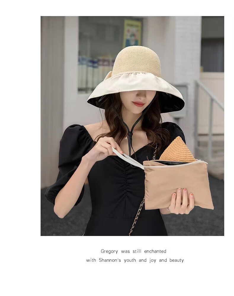 LangSha Sun Protection Hat for Women, Summer UV-Resistant Black Gel Wide Brim Sun Hat, Full Face Coverage Fisherman Hat, Apricot Color 8