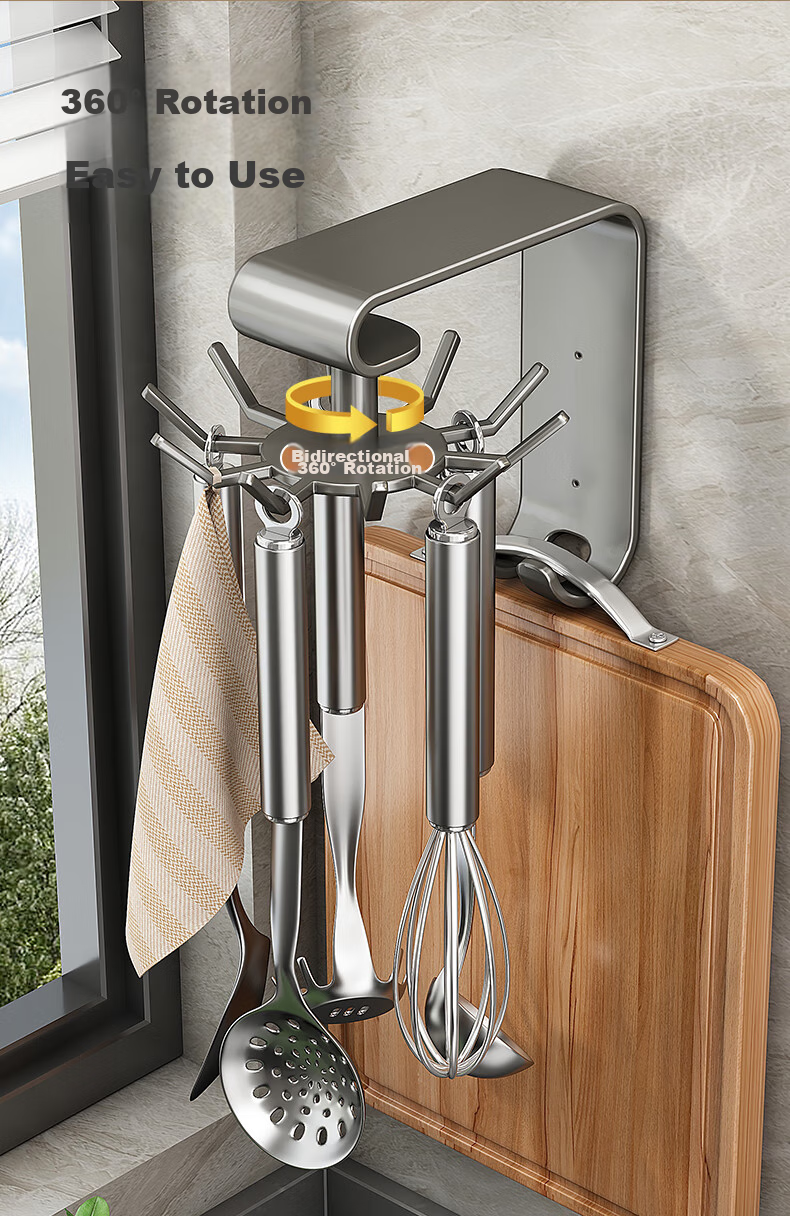 Jiadu Kitchen Rotating Hooks, Multifunctional Wall-Mounted Storage Rack, Utensil Organizer, Spoon And Spatula Hanger, No Drilling Required Shelf 3