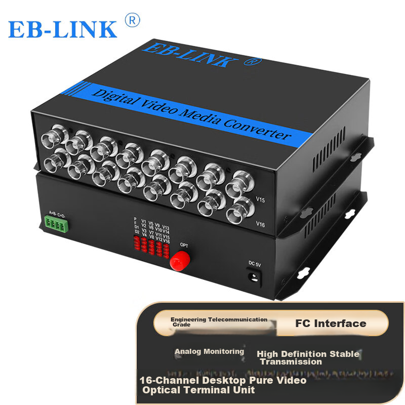 EB-LINK EB-RS Video Optical Terminal, 16-Channel Pure Video Digital Analog HD Monitoring Fiber Optic Extender, Single-Mode Single-Core FC Interface