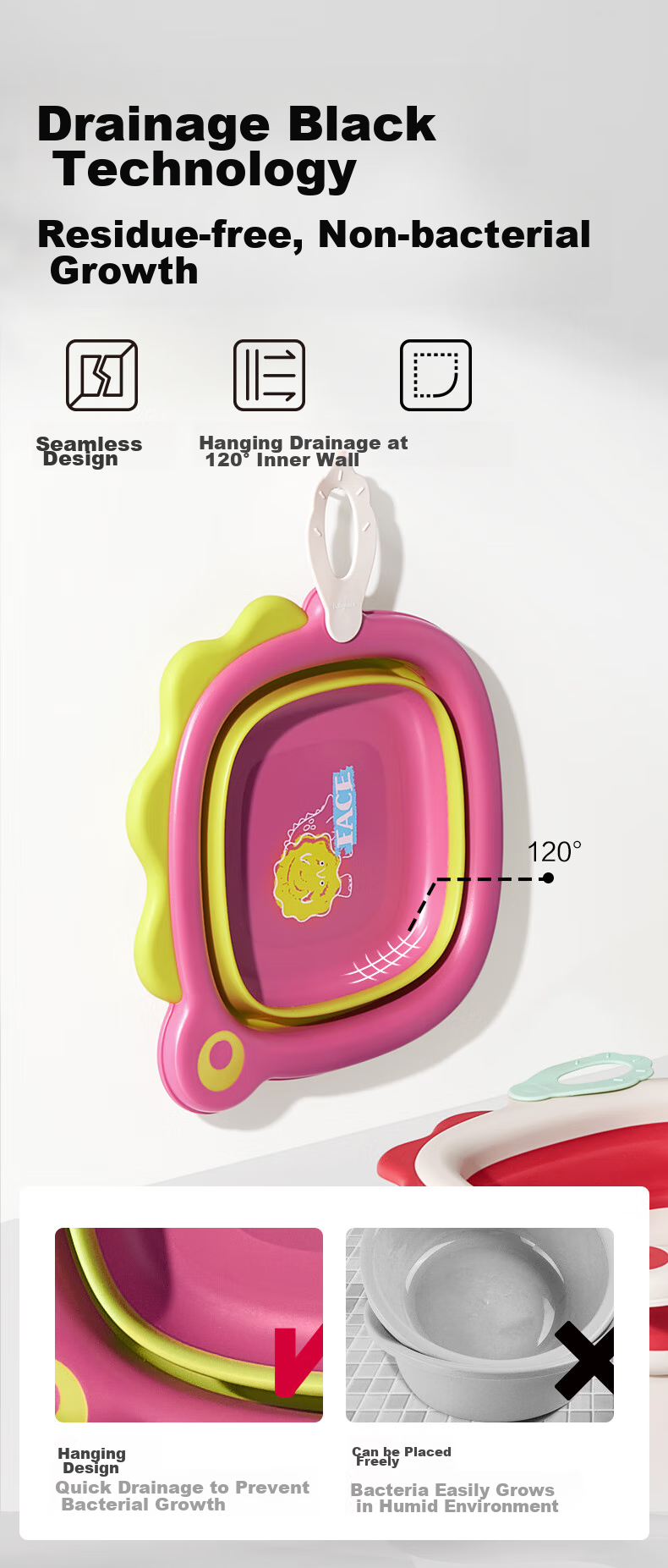 Babycare Foldable Baby Washbasin with Hanging Hook, Starship Design, 2-Piece Set: Face Washing + Bottom Washing 5