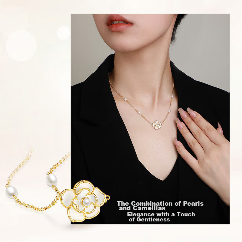 CHOW TAI SENG [Birthday Gift] Camellia Pearl Necklace Silver Elegant Collarbone Chain Light Luxury Niche Gift for Girlfriend