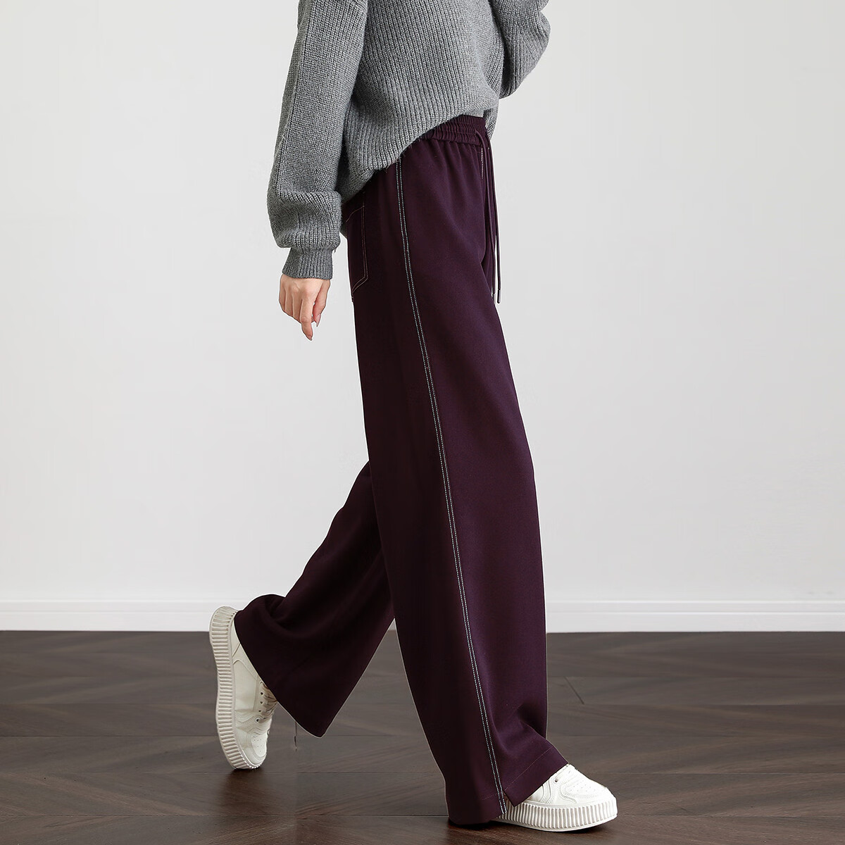 Dme Lazy Stylish Winter Thick Smooth Slanted Pattern Long Pants with Elastic Waist for Slimming Women's Casual Trousers, Purple, L