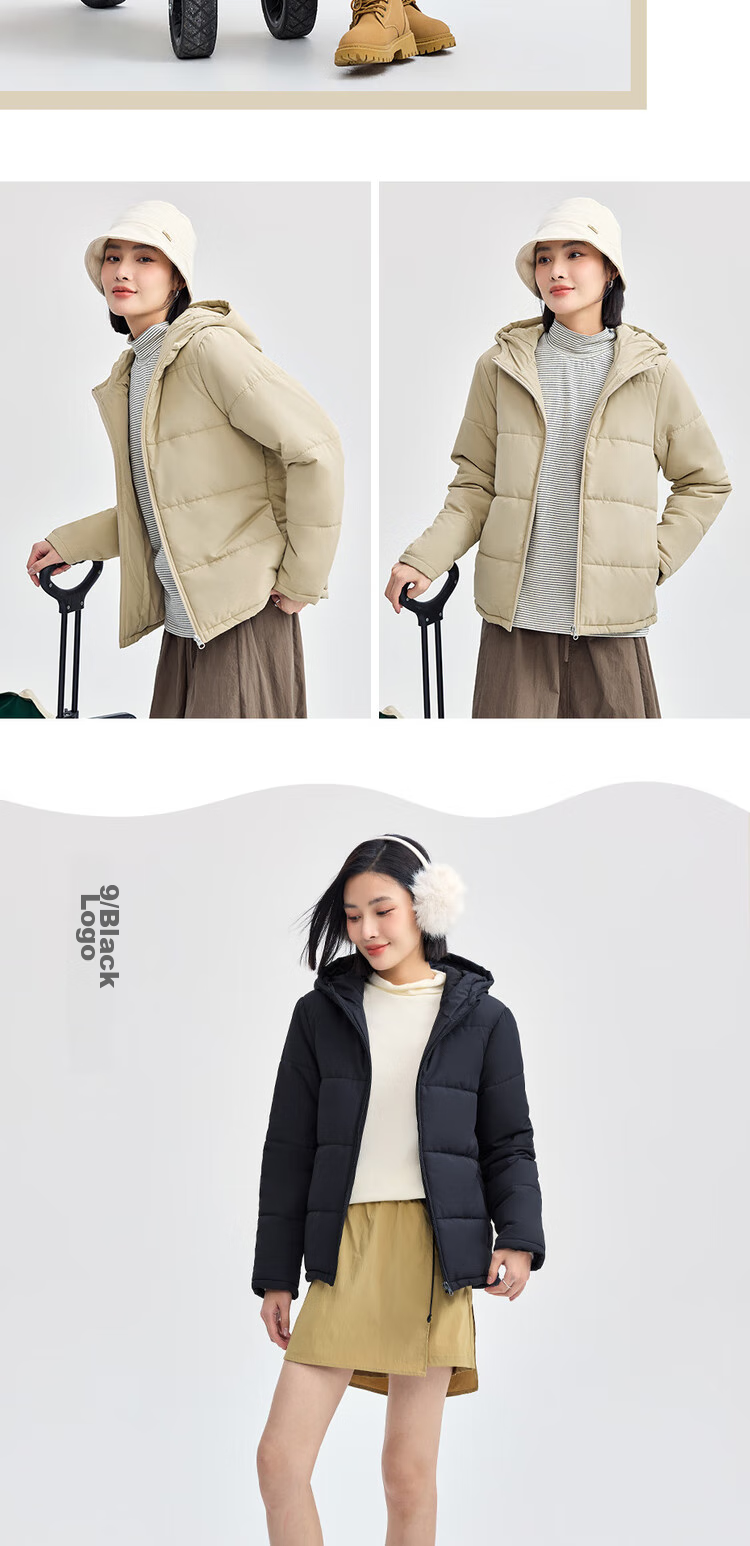 Giordano Women's Casual Jacket, Solid Color Simple Style Cotton Coat, Zipper Hooded Cotton Outerwear for Women, 05372731 12