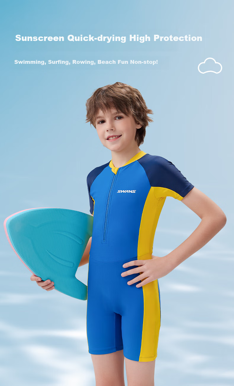 SWANS Children's Swimsuit, Boys' One-Piece Swimwear, Chlorine-Resistant, Quick-Drying, Sun Protection, Surfing Suit, Blue, Size 150 2