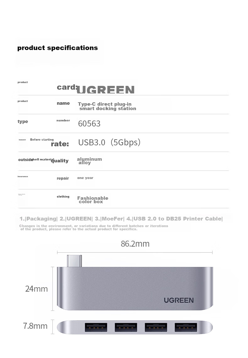 UGREEN Type-C Expansion Dock, USB-C Adapter, 3.0 Hub Splitter, 2-In Direct Plug-In Expansion Dock, Compatible with Macbook, Huawei Laptops, Converter for Phones And Tablets 14