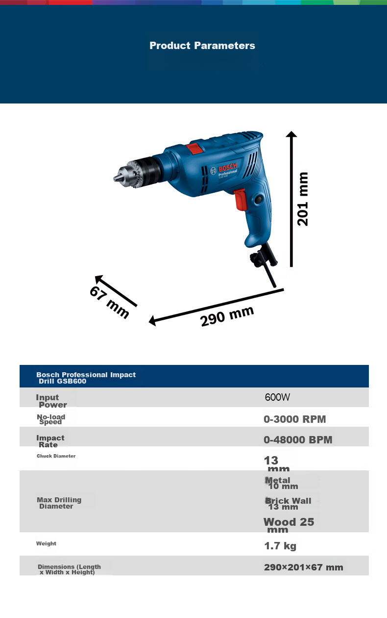 BOSCH Impact Drill, Electric Drill for Home Repair, Drilling Tiles, Wood, Metal, Brick Walls, 600W Corded GSB 600 13