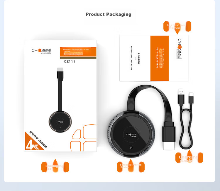 CHOOSEAL (CHOSEAL) Wireless Screen Mirroring Device for Mobile Phones, 4K HD HDMI Audio And Video Synchronization Transmitter, Supports Landscape And Portrait Screens, Compatible with Apple And Android Phones, Computers, TVs, Monitors, And Projectors 16