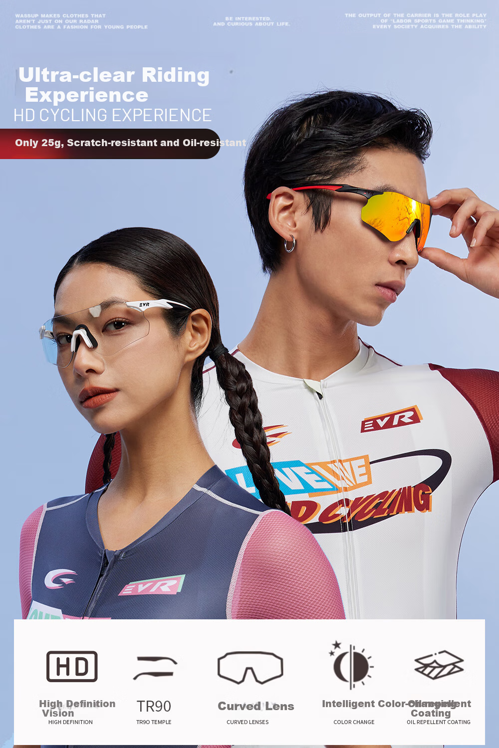 EVR Cycling Glasses with Transparent Smart Photochromic Lenses + Black And White Temple Arms 3