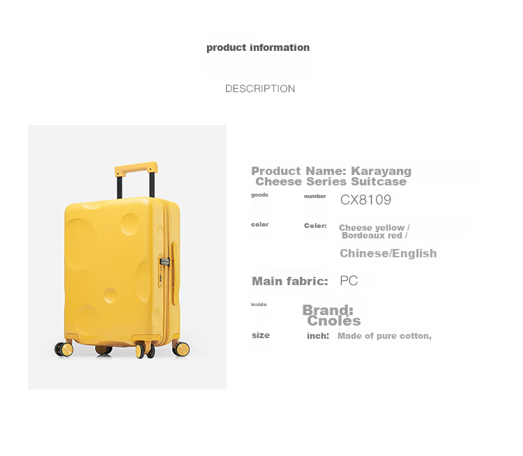 KALA·Y Cheese Luggage, 24-Inch Pure PC, Large Capacity Suitcase for Students Living in Dormitories, Stylish Trolley Case for Men And Wome 20