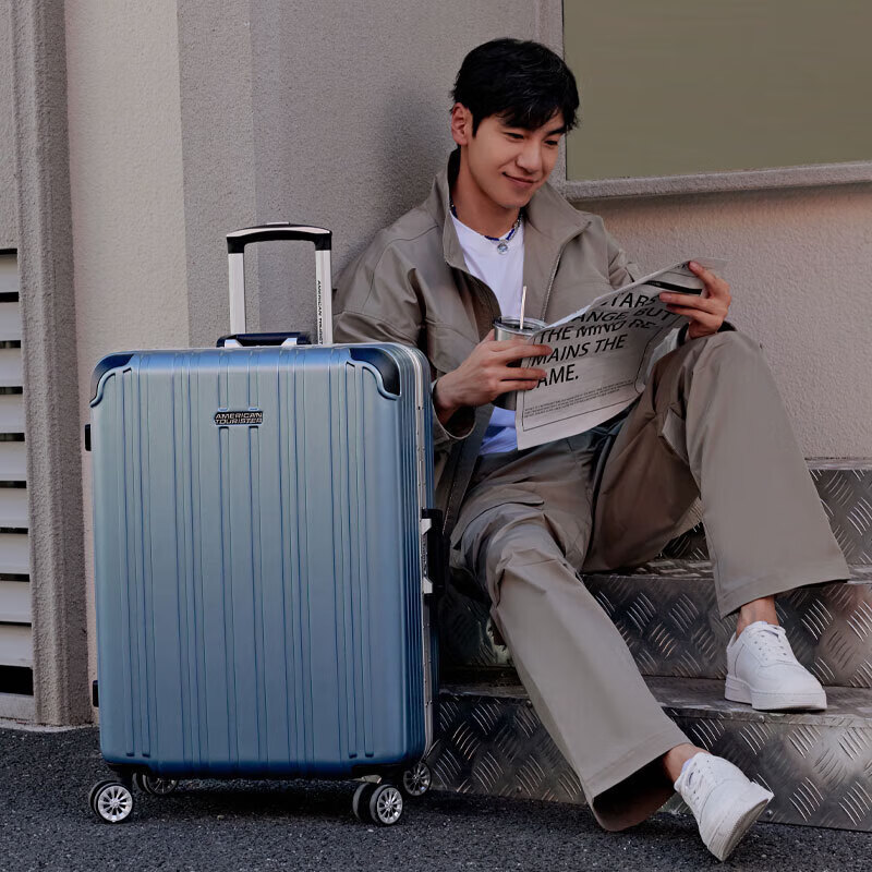 AMERICAN TOURISTER Luggage, 20-Inch Stylish Aluminum Frame Suitcase, Ultra-Light Spinner Wheels, Travel Case, Misty Blue Color, TV3 Combination Lock