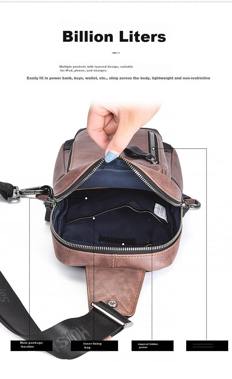 Hush Puppies Crossbody Bag for Men, Niche Design Chest Pack, Casual Retro Genuine Leather Shoulder Bag, Sports Shoulder Bag, Coffee Color 5