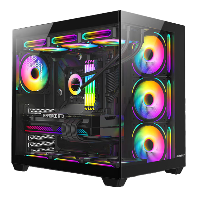 Huntkey S980 Tornado Black Panoramic Edition Seaside View Case (Tempered Glass, Left And Right Zones, 360mm Water Cooling, 10 Fan Positions, ATX Motherboard, 40 Series Graphics Card)