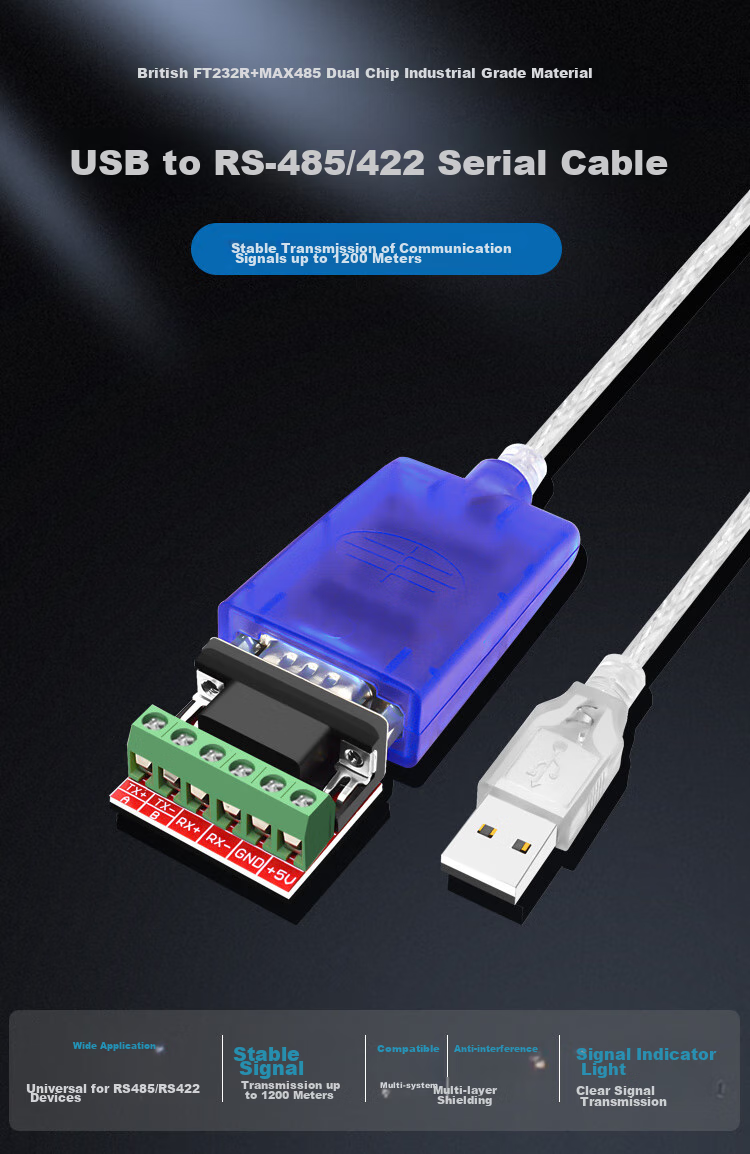 EB-LINK USB to RS485/422 Converter, Nine-Pin Serial Data Extension Cable, 485 Adapter Cable, Computer COM Port Communication Cable, 1.8 Meters, Industrial-Grade FT232 Chip 1