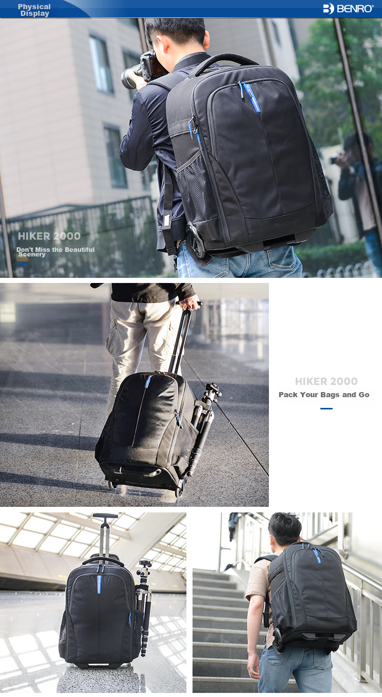Benro Hiking Backpack 2000 Photography Trolley Bag with Wheels, Professional Outdoor Lightweight Large Capacity DSLR Camera Bag with Rain Cover 11