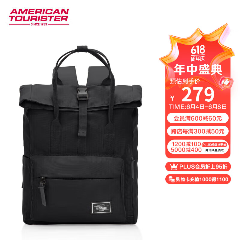 AMERICAN TOURISTER Backpack, Travel Bag, Student Schoolbag, Casual Backpack, Large Capacity Laptop Bag, Roll-Up Bag, 24G Black