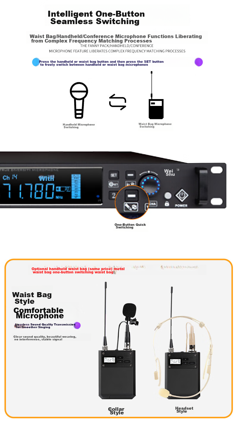 Weishu DC-10SH True Diversity Professional U-Segment Anti-Interference Wireless Handheld Microphone, One-To Microphone, 500-Meter Long-Range, for School Fields, Outdoor Performances, Weddings, And Hostings 7