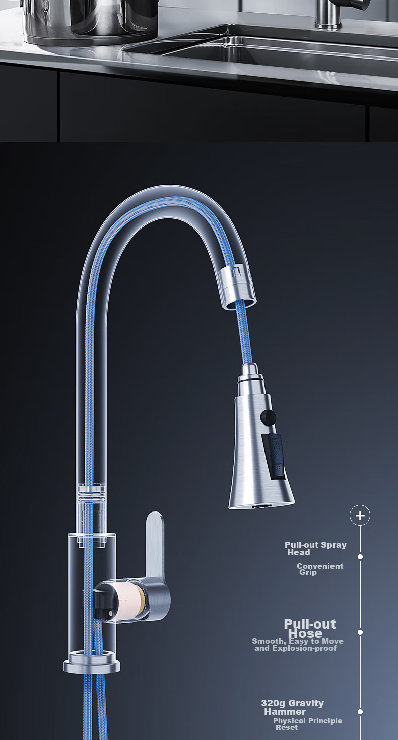 HIGOLD Kitchen Faucet, 304 Stainless Steel Rotating Pull-Out Tap, Sink Hot And Cold Dual Control, Three-Function Water Tap 7