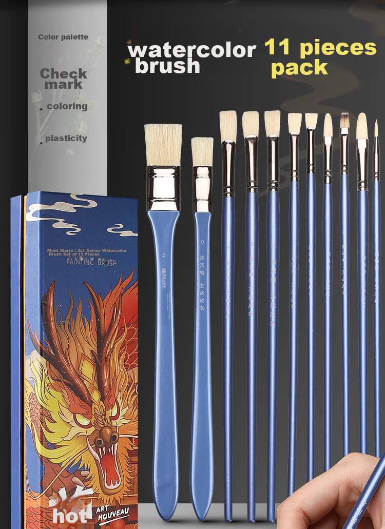 Mont Marte Art Battle Success Gouache Paint Brushes 11-Pack Set, Gouache Painting Brushes Kit for Art Students, Pig Bristle Nylon Oil Painting Brushes for MM-SFHB Art Sketching 3