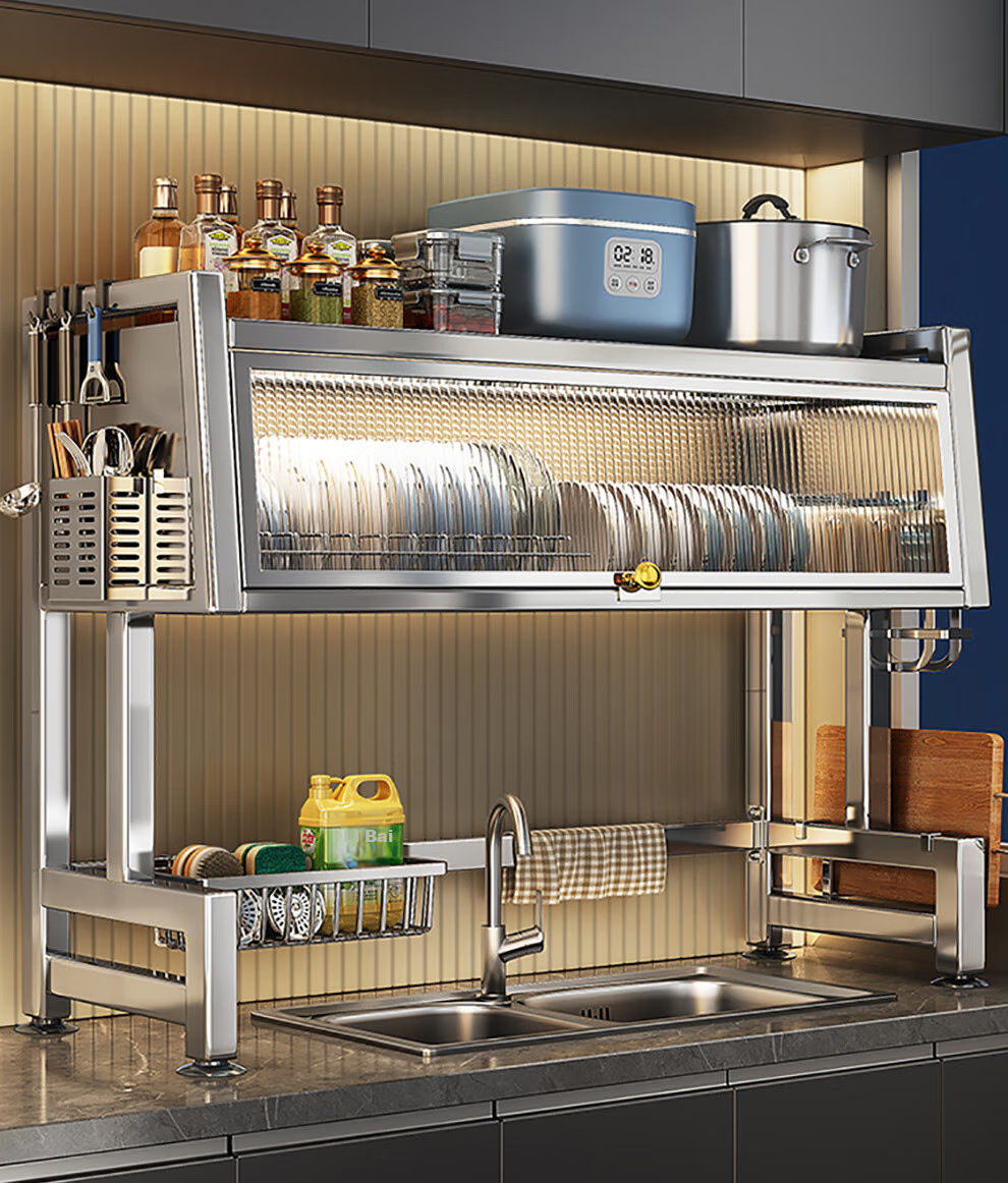 Shuaishi Kitchen Storage Rack, Stainless Steel Sink Shelf, Dish Organizer, Basin Drainer, with Cabinet Doors, 85cm Long 2
