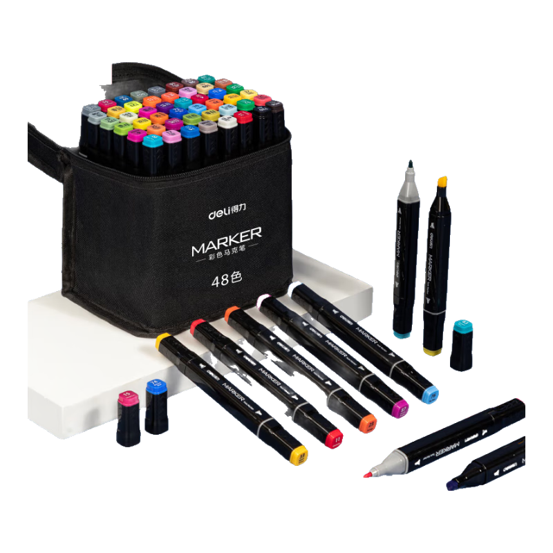 Deli [Back to School Stationery] 48-Color Dual-Tip Quick-Drying Alcohol Markers, Black Cloth Bag Packaging, Student Watercolor Pens, Art Colored Pencils, Drawing Hand-Drawn Tree Graffiti Birthday Gift, Beauty Educatio