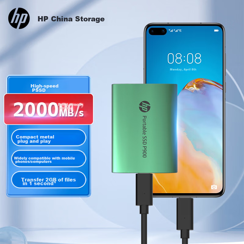 HP 512GB Portable Solid State Drive P900 (PSSD), USB3.2 SSD, 2000MB/s, Type-C Interface, Peacock Green | Direct Phone Connectio