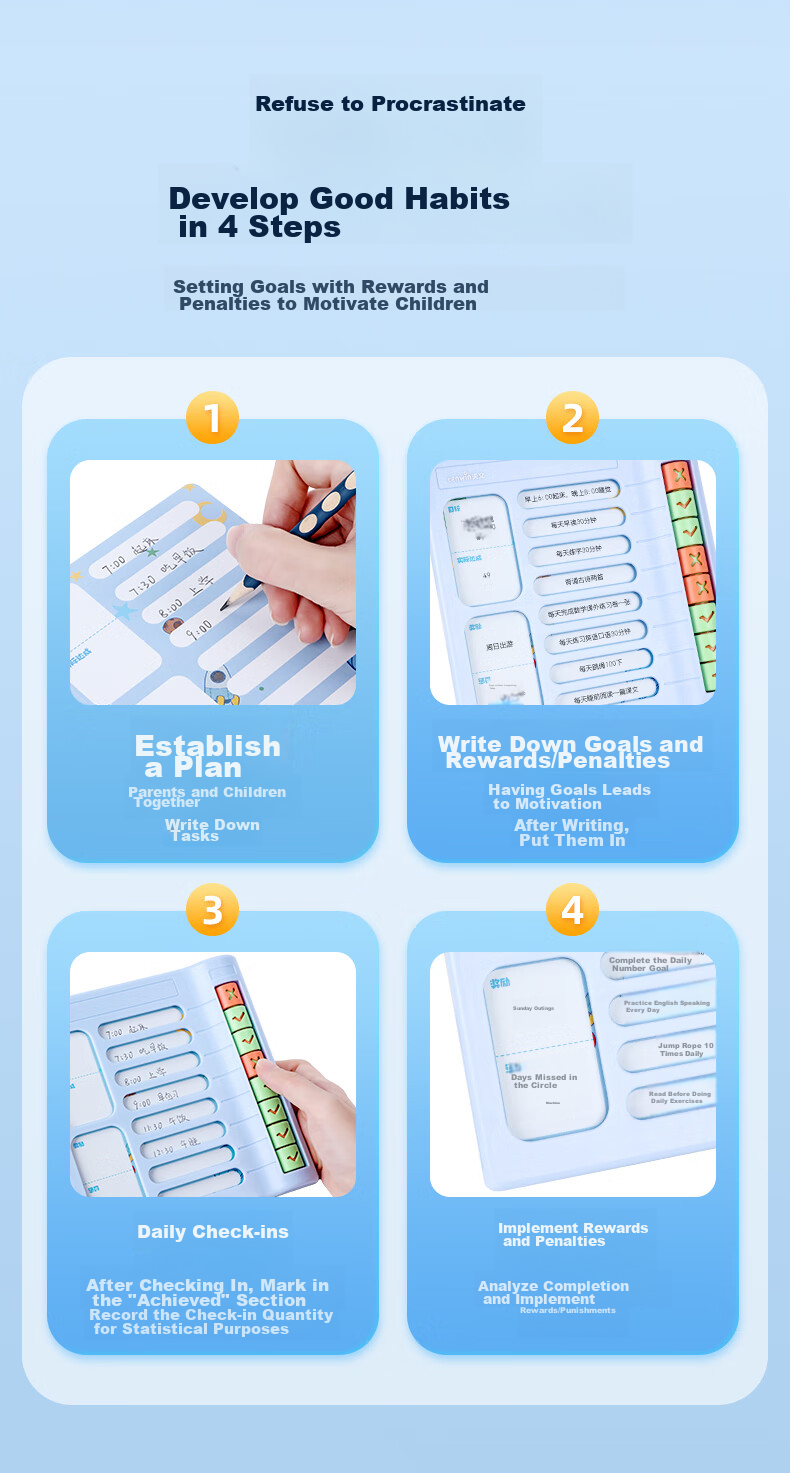 TEN-WIN Elementary School Student Self-Discipline Check-In Tool, Visual Habit Formation Planner, Children's Learning Record Time Management Organizer, Stationery SZ1003-4 Pink 10