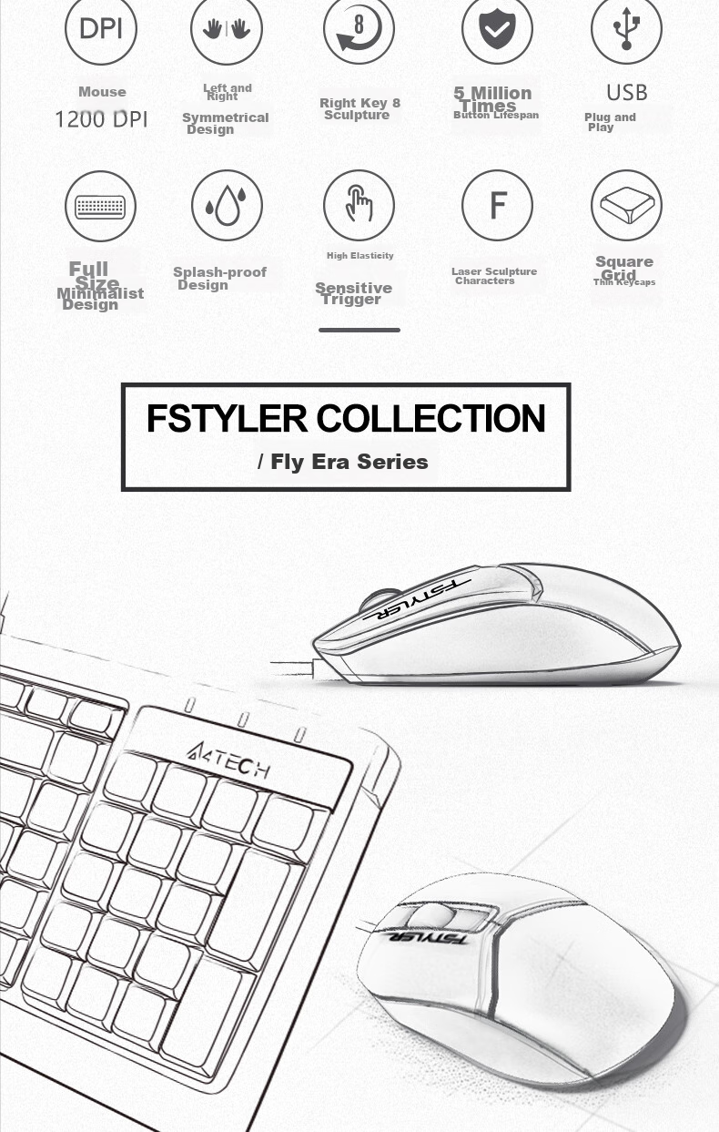 A4TECH F1512, 103-Key Wired Keyboard And Mouse Set, Wired Keyboard And Mouse Combo for Computer, Thin Film Keyboard with Good Typing Experience, Fei Shidai, Ivory White, Wired 2