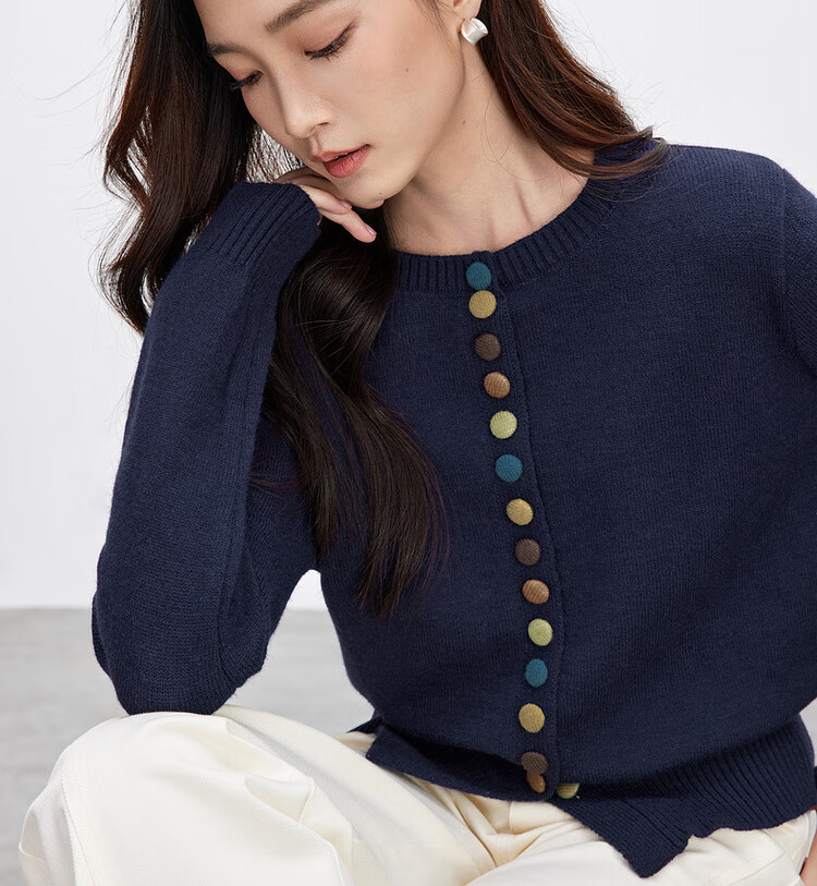 Sentubila Premium Knit Cardigan Women Autumn Winter Loose Slim Fit Petite Long Sleeve Jacket Top Dark Navy JM 22