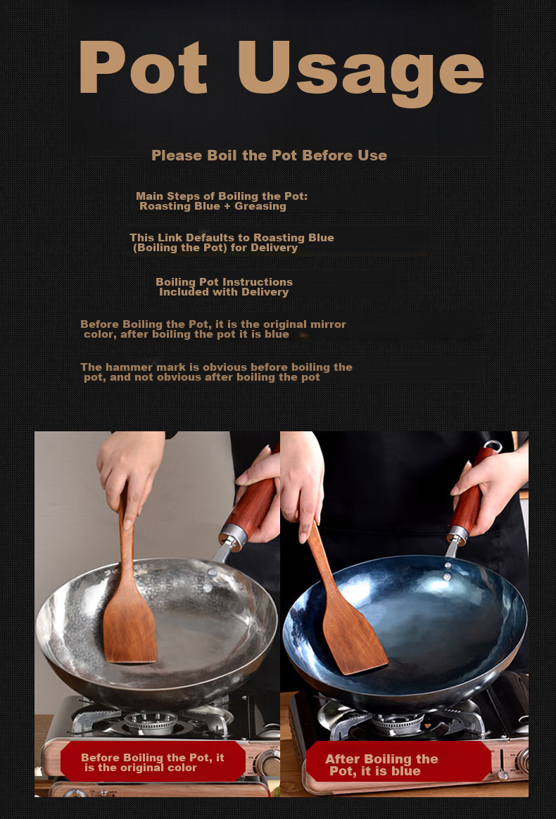 Laoniejia Sanwanliuqian Non-Stick Wok, Zhangqiu Iron Wok, Tongjian Three Brands, Household Handmade Traditional Wooden Handle Iron Pot, 32cm 22