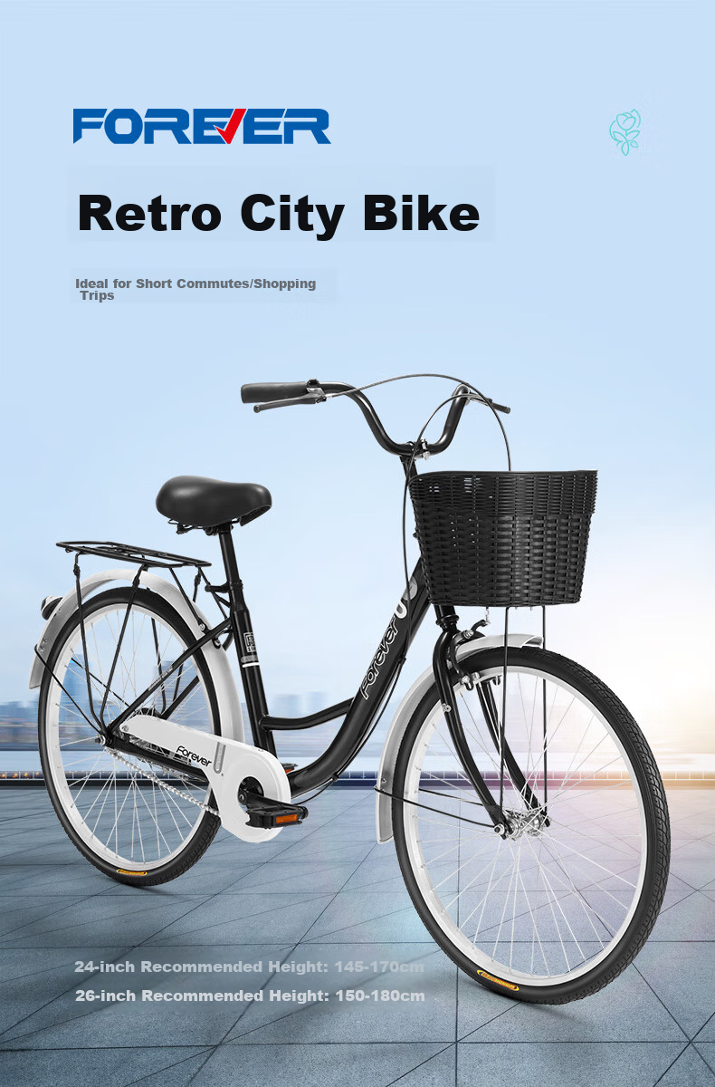 FOREVER City Commuter Bicycle, 26-Inch Solid Tire, for Adults, Men And Women, Children, Grocery Shopping, Commuting, Leisure City Bike, Black 3