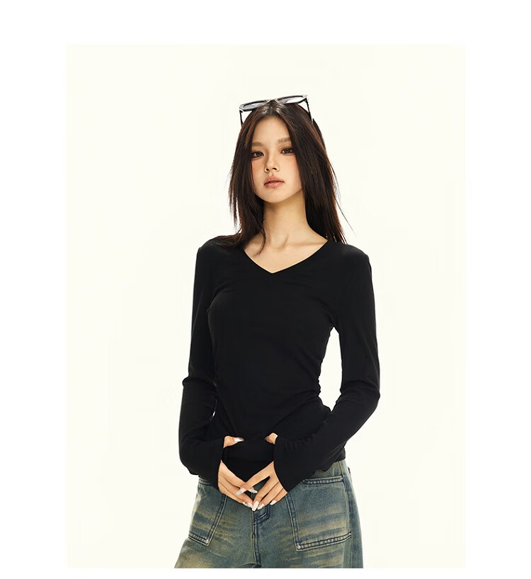 La Chapelle Black V-Neck Long Sleeve Slim Fit T-Shirt for Women 2025 Autumn Winter New Black XL 4