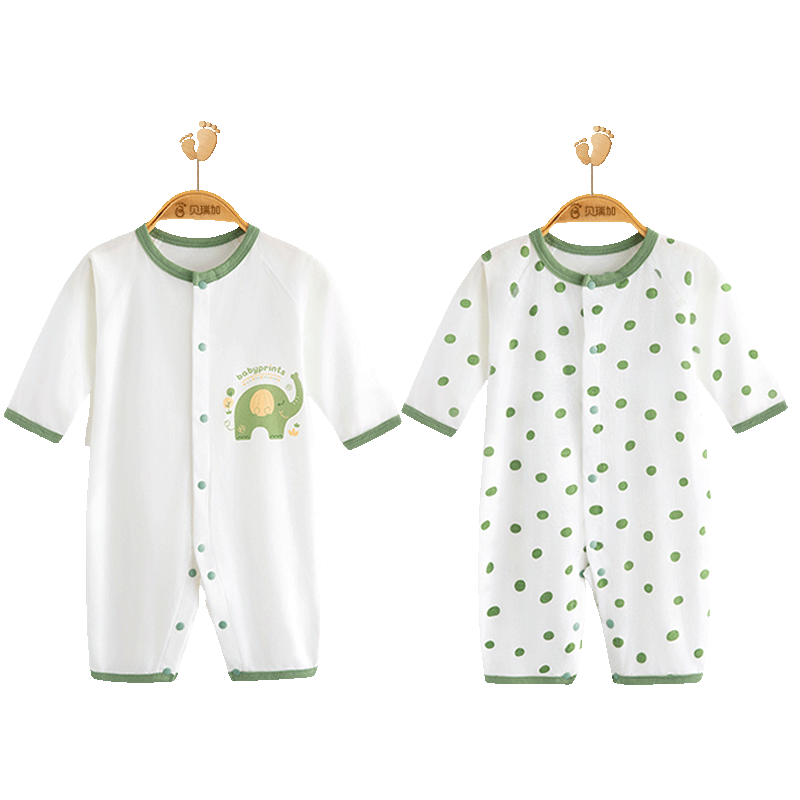 Babyprints Infant Romper, 2-Piece Set, Baby Summer Long-Sleeve Bodysuit, Pure Cotton Onesie, Soft Home Underwear, Green, Size 80