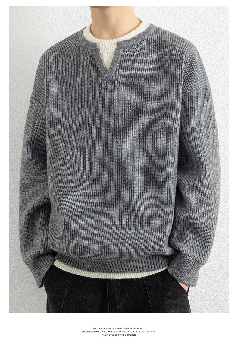 ROMON Men's Autumn Thickened Knitted Sweater, Round Neck, Fake Two-Piece Casual Versatile Pullover, Black 3XL ZH6012 7