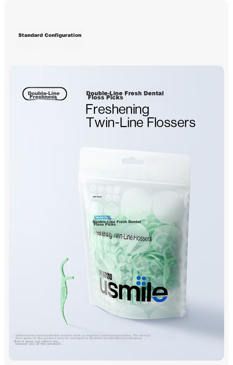 Usmile Dental Floss Picks (Double Line Fresh) 300 Pieces/Pack Comfortable Teeth Cleaning Ultra-Thin Toothpicks 13