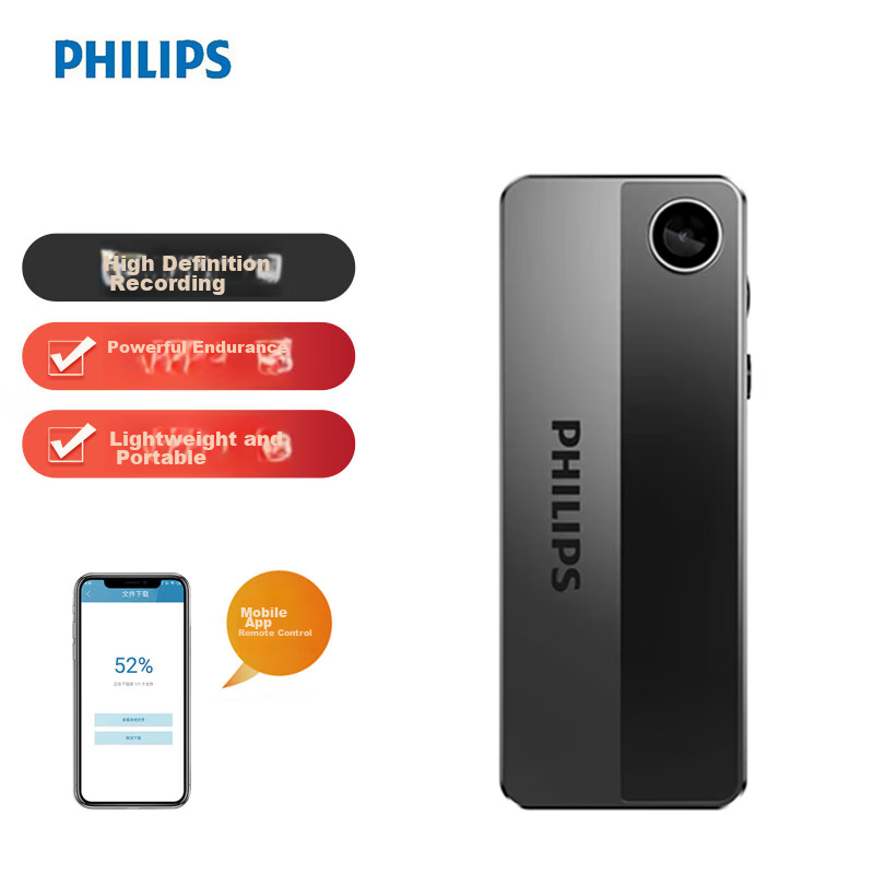 PHILIPS VTR8001 Badge-Style Law Enforcement Body Camera, Portable Chest-Mounted Mini Video Recorder, WiFi Connected, 128GB