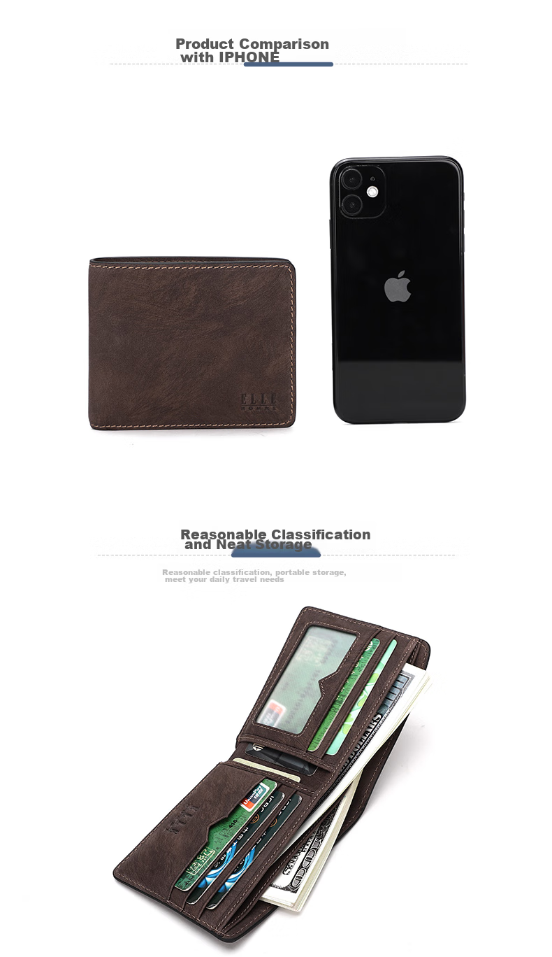 ELLE HOMME Men's Short Wallet, Top-Grain Leather Multifunctional Billfold, Two-Fold Money Clip 3920, Birthday Gift for Me 5