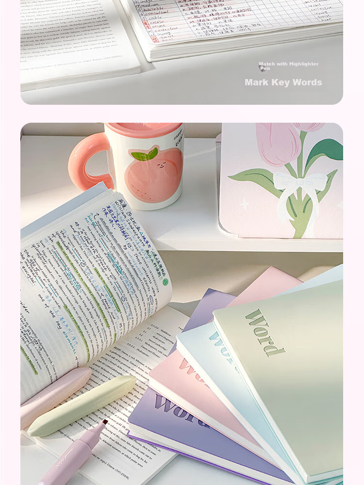 Class 3 Grade 2 A7 70-Page Vocabulary Notebook Set of 4 English Recitation Notebooks Ebbinghaus Memory Curve Writable Pocket Notebooks for Exam, Korean, Japanese, Small Notebooks Set of 4 9