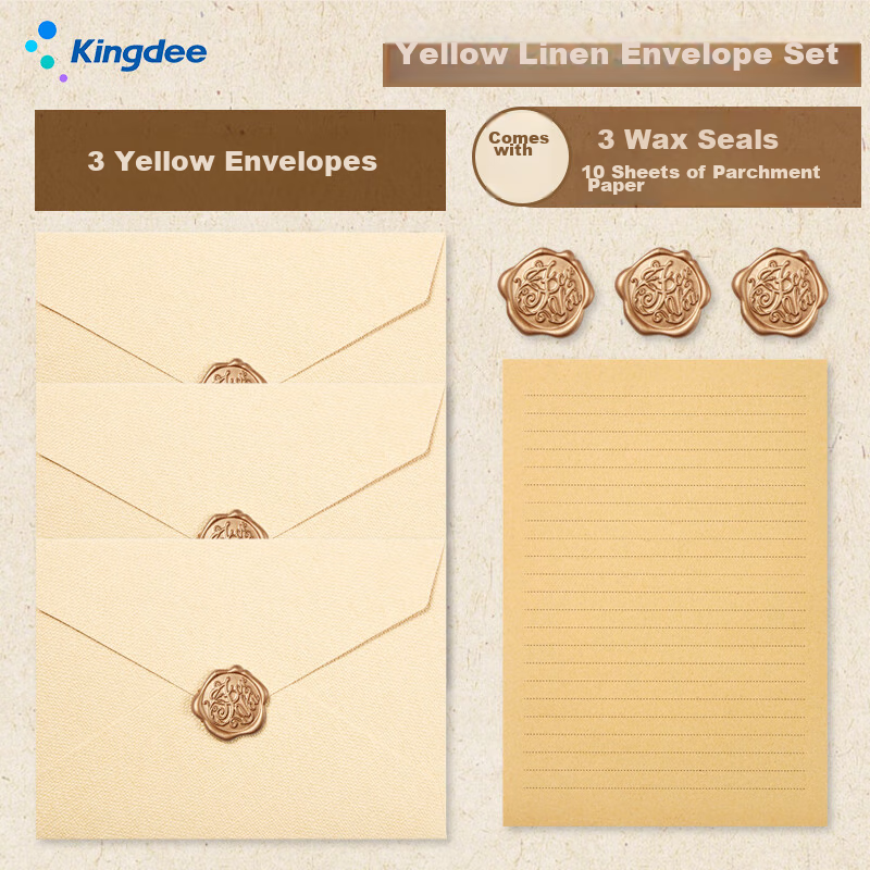 Kingdee Teacher's Day Gift Linen Envelope Letter Paper Love Note Yellow Greeting Card Valentine's Day Birthday Gift Card Paper Exquisite Envelope 3 + Letter Paper 10 + Wax Seal 3