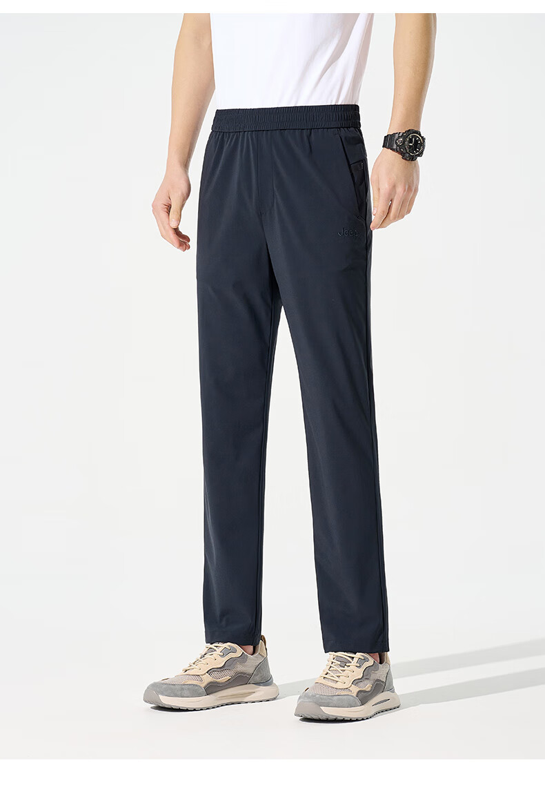 JEEP Casual Pants for Men, Business Straight-Leg Trousers, High-Elastic Breathable Ice Silk Pants, Long Pants for Men, Pure Black, M 9