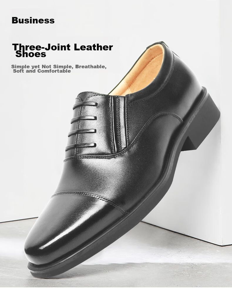 3515 Qiangren Formal Shoes for Men, Three-Joint Leather Shoes, Business Casual Top-Grain Cowhide Slip-On Style Men's Shoes, Black, Size 43 1