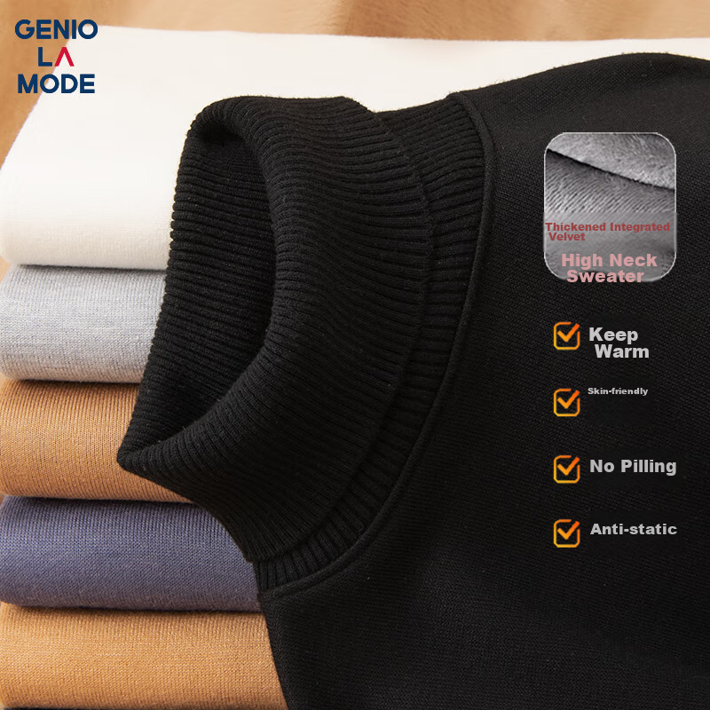 GENIOLAMODE Men's Turtleneck Sweater, Winter Fleece-Lined Warm Base Layer, Men's Winter Knit Top, Black, Size L