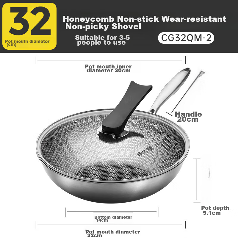 COOKER KING Wok, Honeycomb Pattern 304 Stainless Steel Flat Bottom Non-Stick Frying Pan, Double-Sided Screen Wok, 32CM