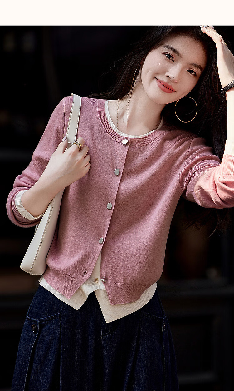 Dme [Jingshu Lingxiang Yichuang] Spring And Autumn Design-Inspired Faux Two-Piece Contrasting Color Sweater with Decorative Button Knit Top for Wome 12