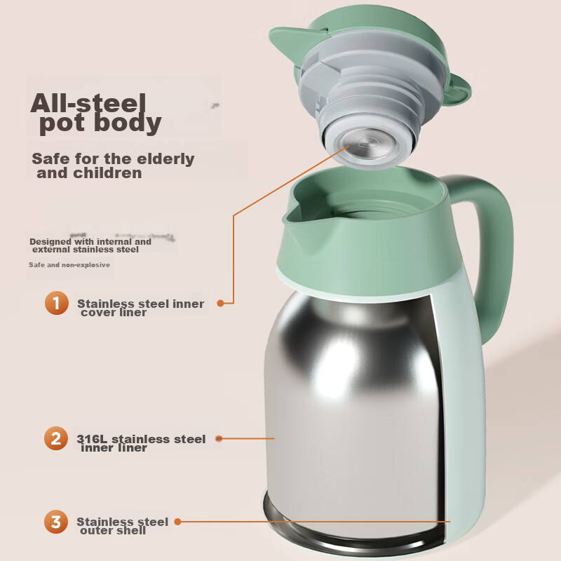 Fuguang Household Insulated Water Kettle, 1.6L Large Capacity, 316L Stainless Steel, Home Use Warm Water Pot, Thermal Carafe