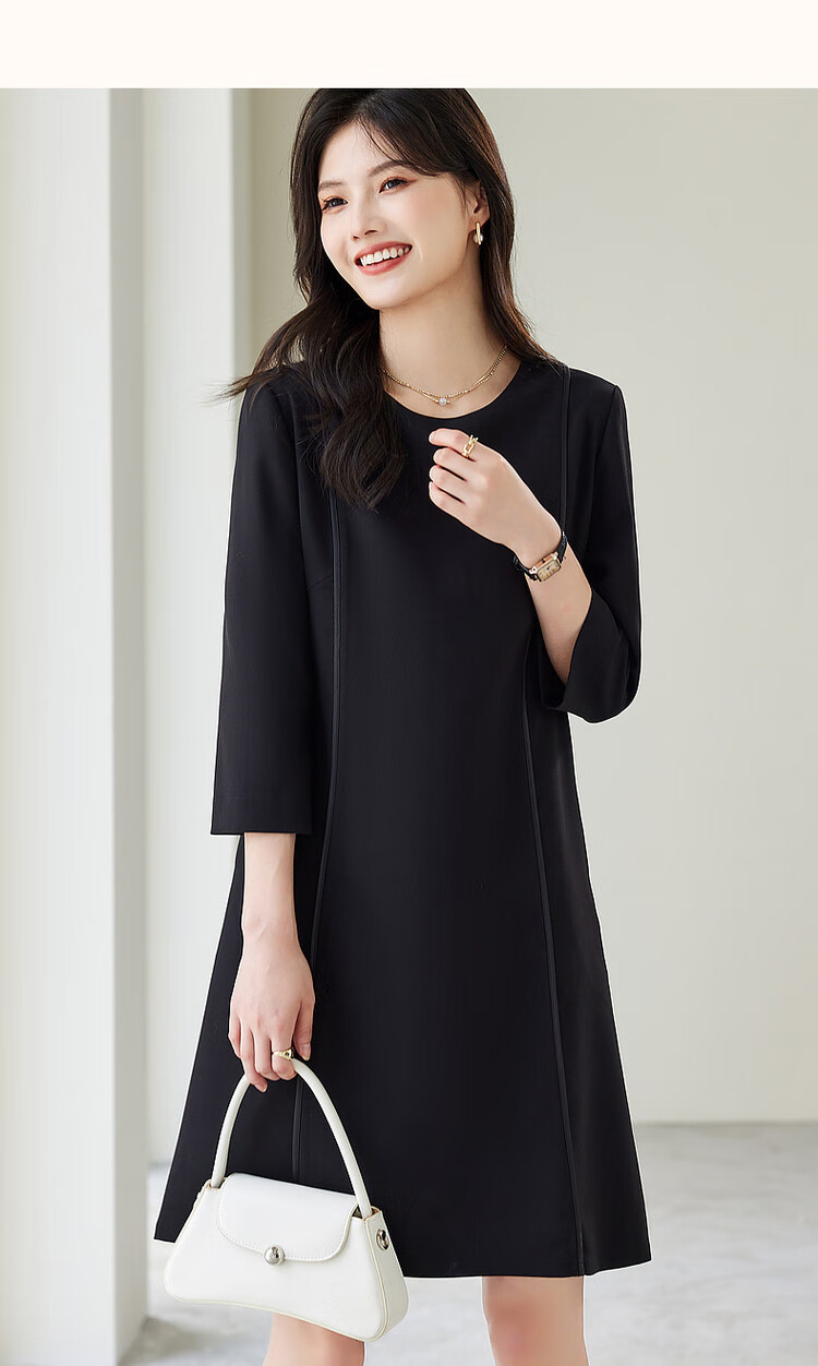 Dme [Modern Women] Spring And Autumn Commuter Round Neck Slim-Fit Three-Quarter Sleeve Elegant Midi Dress for Wome 17
