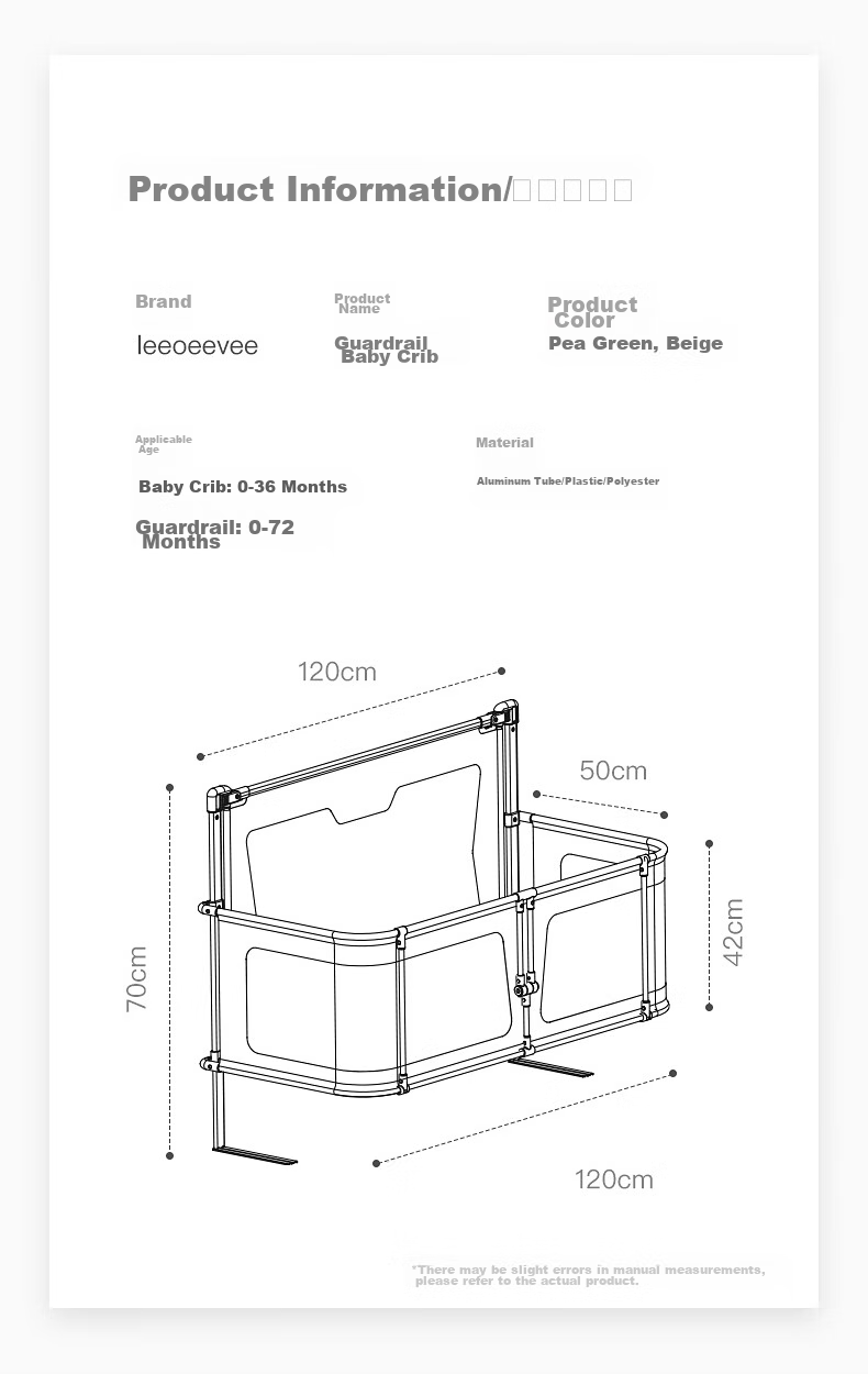 Leeoeevee Foldable Baby Bed Crib, Easy to Assemble, with Safety Guardrail, Anti-Pressure, Muya White 16